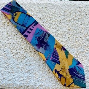 Liberty of London Silk Tie Abstract Print in Purple, Teal and Tan Vintage 1980s